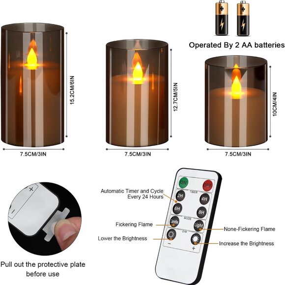 Flameless Candles Set of 3 Acrylic Glass Pillars 4" 5" 6" Remote Home Decor - Picture 8 of 8